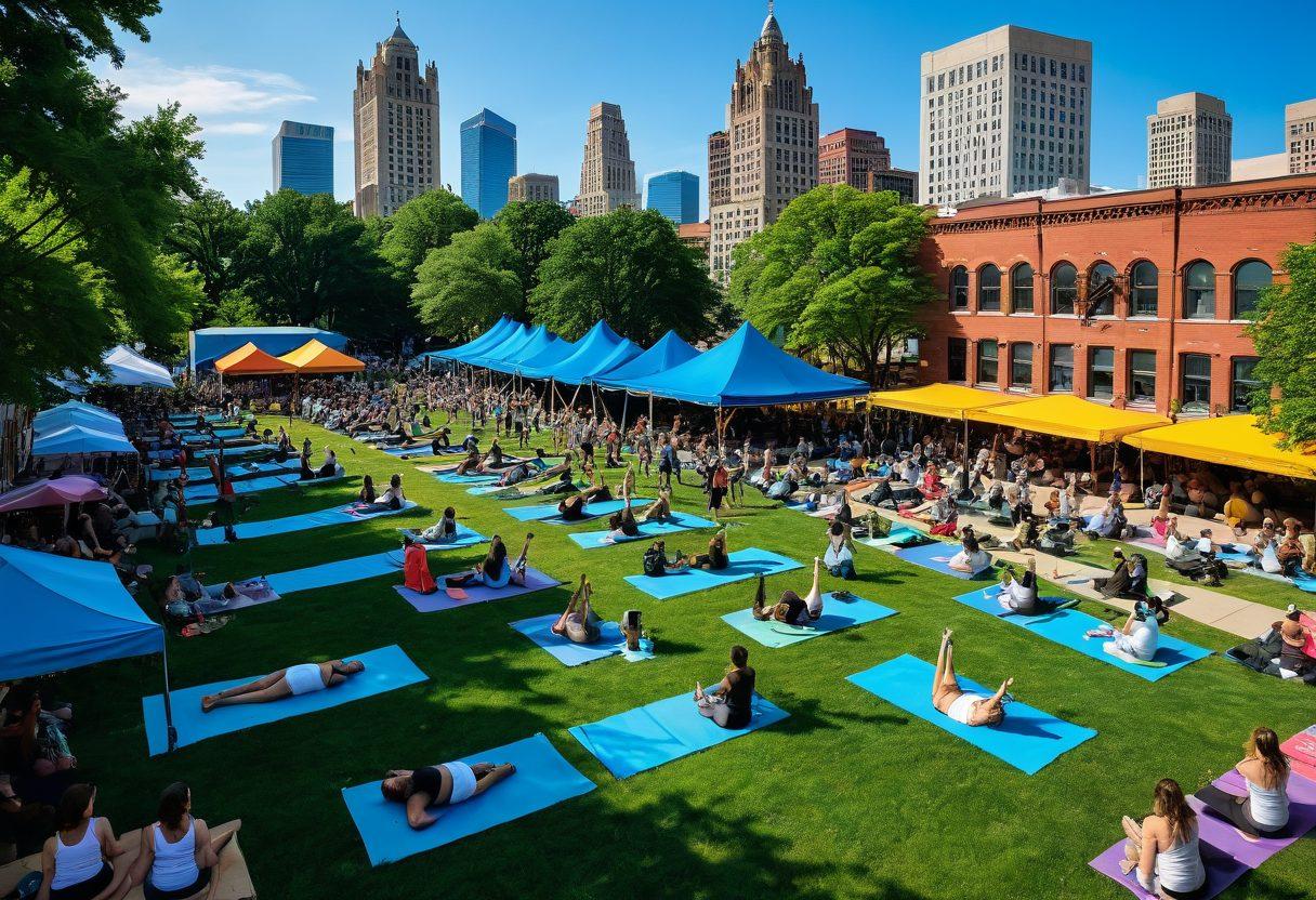A dynamic urban scene showcasing a lively Detroit festival with people dancing, colorful decorations, and food stalls, seamlessly blending into a fitness activity like a yoga class in a park. The backdrop features iconic Detroit architecture and greenery, with a clear blue sky overhead. Capture the energy of both celebration and wellness in a harmonious way. vibrant colors. super-realistic.