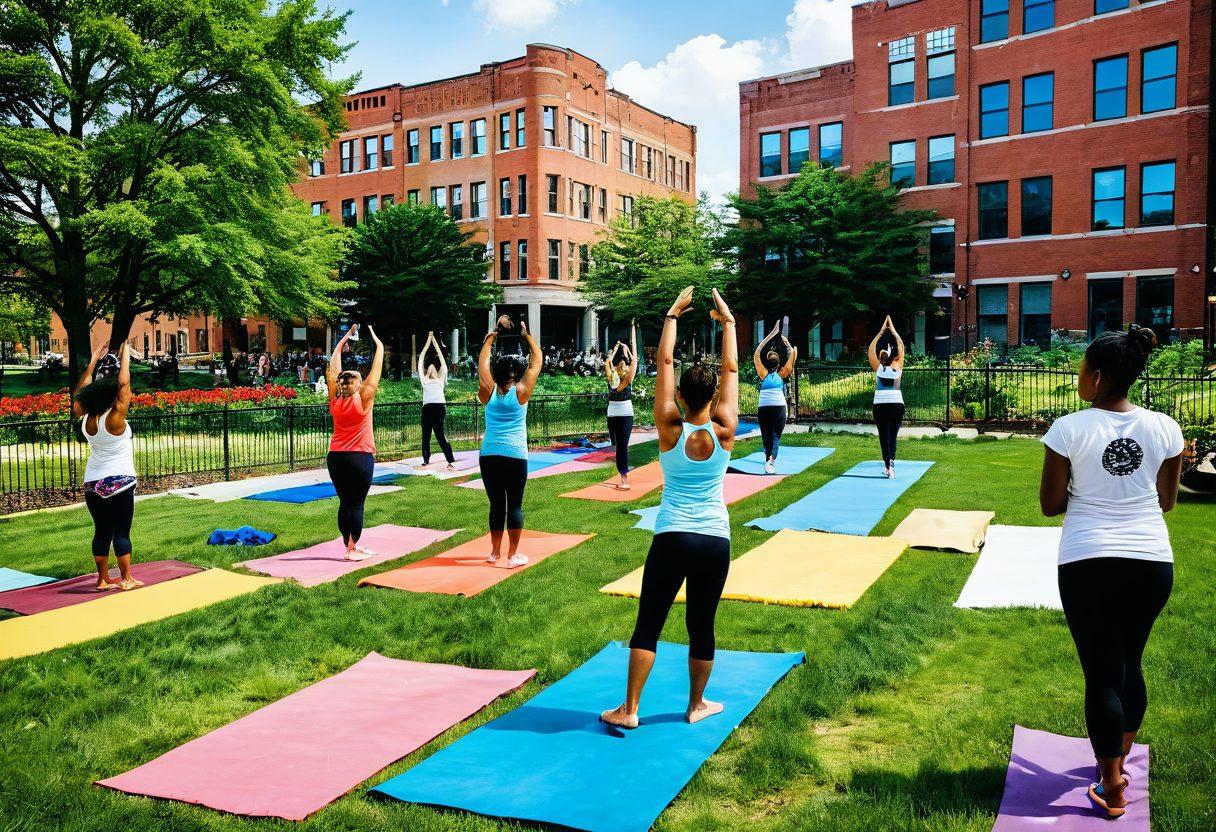 A vibrant cityscape of Detroit, showcasing diverse community members engaging in wellness activities such as yoga in a park, bike riding, and community gardening. Incorporate bright murals on buildings symbolizing unity and happiness, along with green spaces full of flowers. The atmosphere should feel uplifting and inviting, capturing the essence of community spirit. super-realistic. vibrant colors.